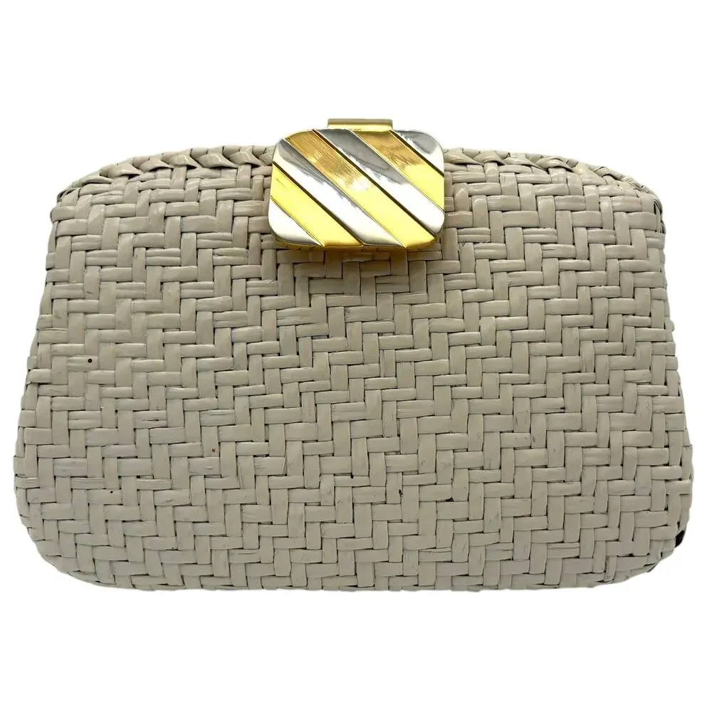 Rodo Italy Woven Cane Leather Box Clutch Ivory Gold Tone Vintage Bag